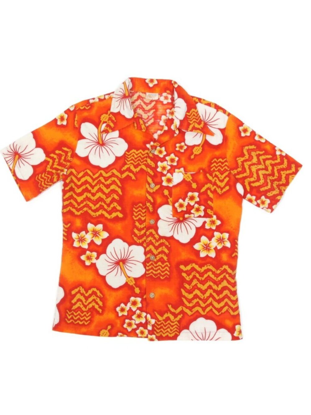 JC Pennys Towncraft Aloha Hawaiian Hibiscus Tapa Orange Barkcloth Shirt S/M /006